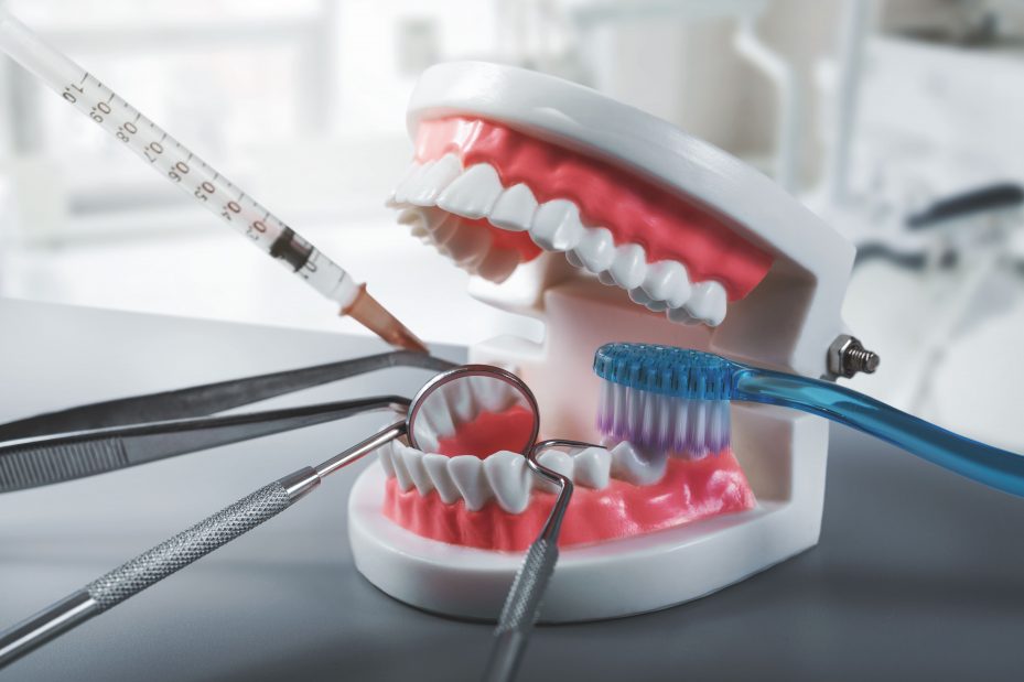 especializações da odontologia ilustrada por uma arcada dentária e equipamentos